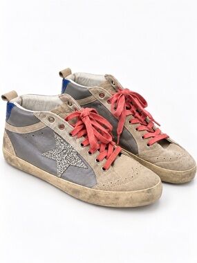 Golden Goose Mid Star Grey Suede Glitter Star Sneakers Size 40 US 10